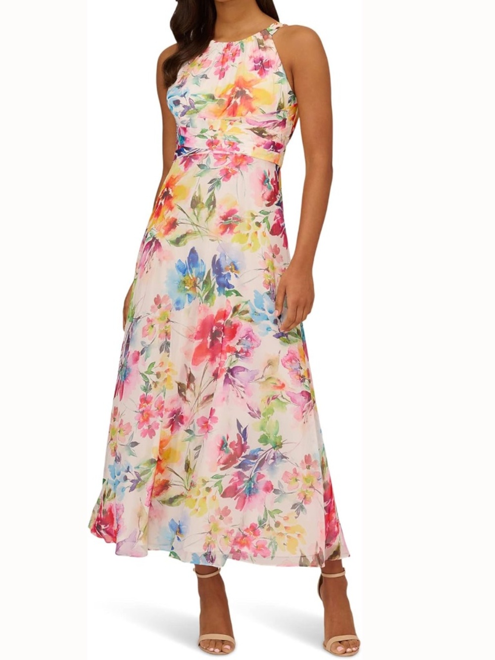 Adrianna Papell Floral Midi Dress in Multi-Color on White